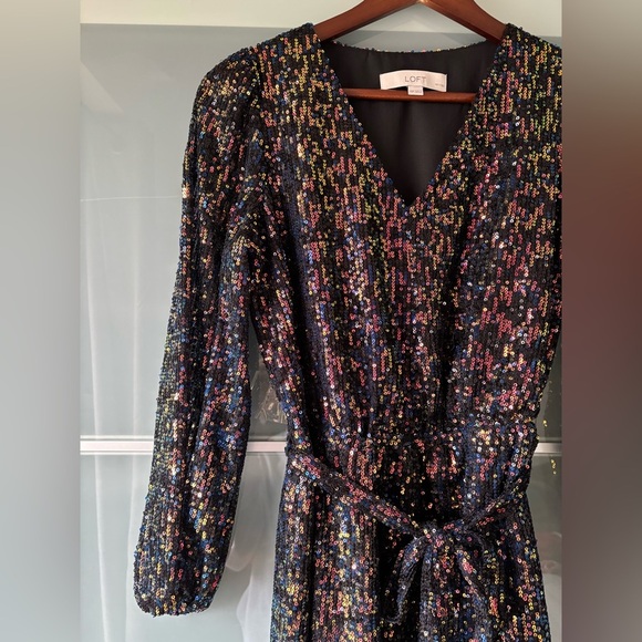 XSP LOFT Women's Sequin Mini Dress Belted V-Neck Banded Sheer Sleeve - Picture 1 of 10